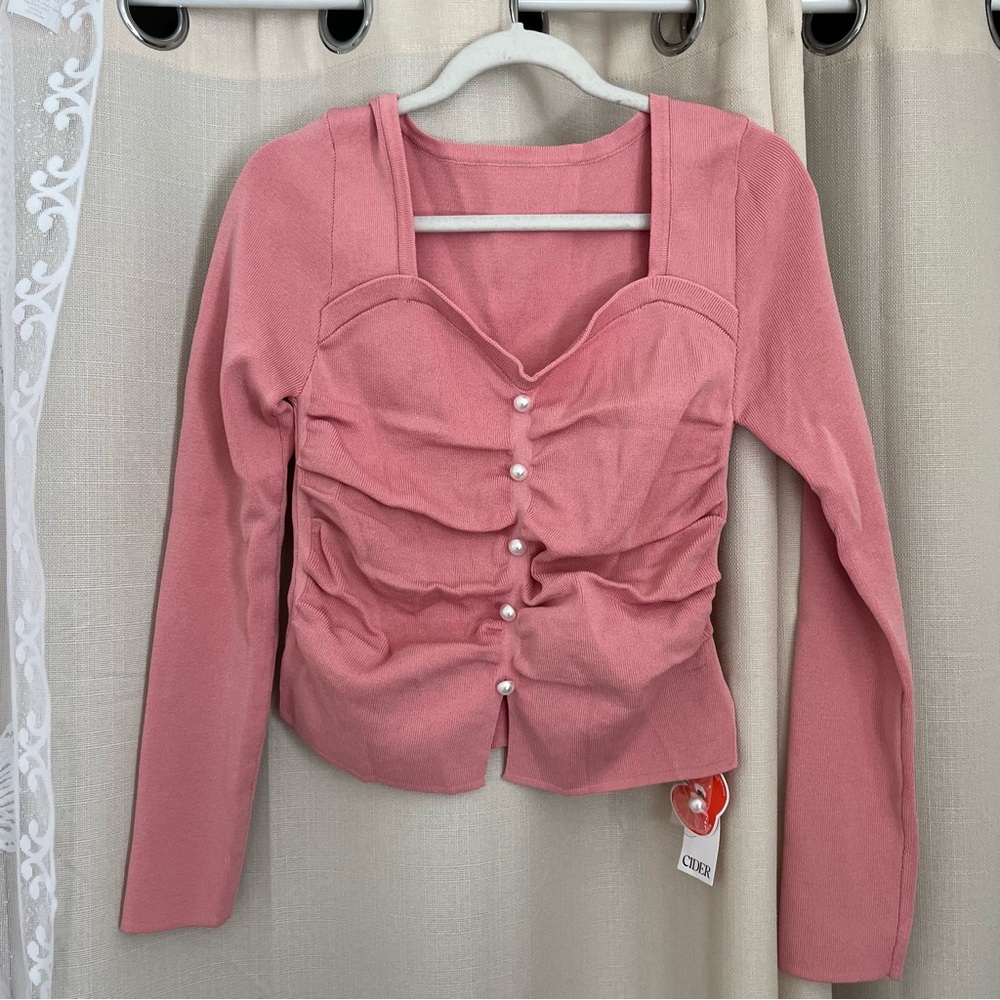 Cider Pink Ruched Pearl-Button Long Sleeve Top